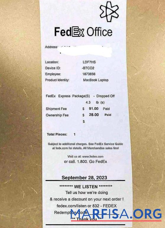 Blank Fedex office payment receipt template